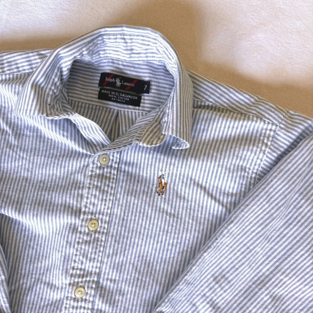 Ralph Lauren Boys Size 7 Blue White Striped Oxford Shirt Pony Logo Button Down